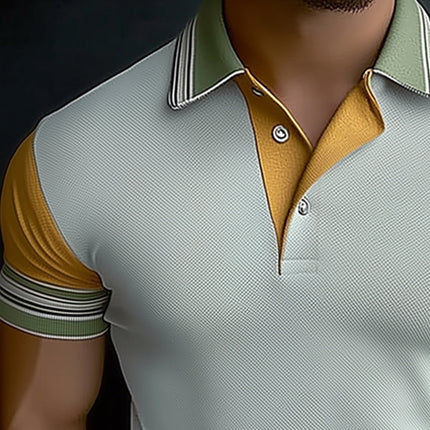 Men's Polo Shirt | Summer Business | Textured Fabric | Color Block Design | Cotton-Polyester Blend | Short Sleeve | Button-Up Collar | Modern Fit | Sizes S-3XL