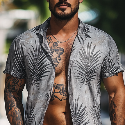 Men's Summer Casual Shirt | Short Sleeve | Coconut Leaf Lapel Detail | Tropical Style | Lightweight Fabric | Ideal for Beach & Holiday Wear | Relaxed Fit | Breathable Cotton Blend | Fashionable & Eye-Catching