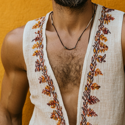 Men's Ethnic Print Sleeveless Linen Tank Top | Retro V-Neck Casual Shirt | Breathable Soft Fabric | Comfortable Fit | Summer Fashion | Versatile Vintage Style