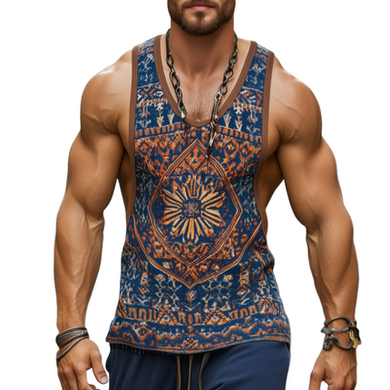 Men's Sleeveless Ethnic Geometric Print Tank Top | Retro Style Round Neck | Lightweight Cotton Blend | Versatile Casual Wear for Beach Vacations | Sizes S to 3XL | Comfort Fit