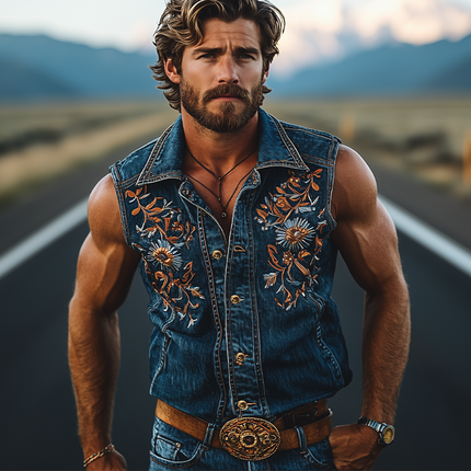 Men's Sleeveless Denim Shirt | Retro Western Cowboy Style | Summer Fashion | Embroidered Design | Casual Wear | Durable Breathable Fabric | Versatile | Easy Pairing | Comfortable Outdoor Essential