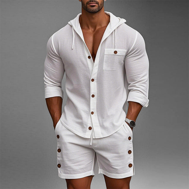 Men's Casual Hoodie and Shorts Set | Cotton Linen Blend | Long Sleeve Top | Solid Color | Breathable and Durable | Comfortable Fit | Versatile Style for Casual Outings | Easy Care Fabric