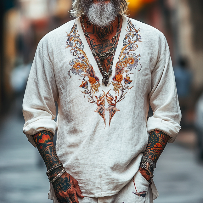 Men's Embroidered Long Sleeve T-Shirt | Vintage Style | V-Neck Cotton Blend | Casual Wear | Soft Breathable Fit | Artistic Embroidery | Timeless Design | Versatile Fashion | Comfortable and Durable
