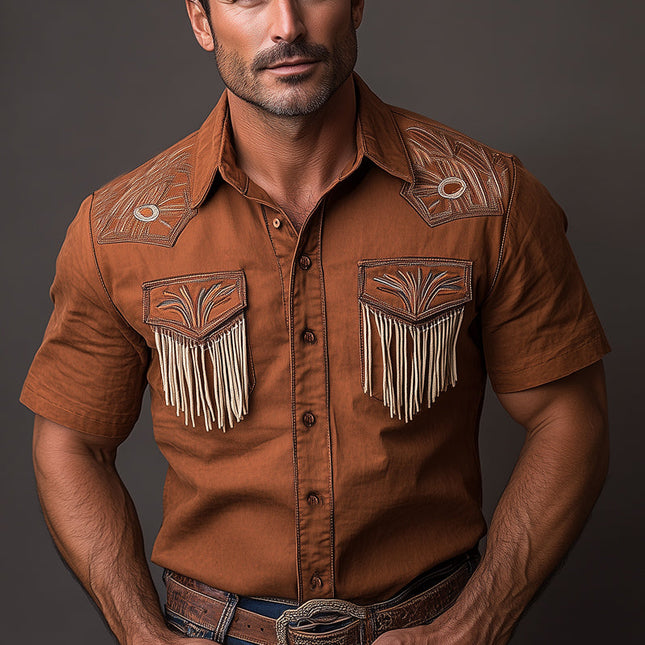 Men's Vintage Western Cowboy Shirt | Embroidered Tassels | Short Sleeve | Cotton Blend | Casual Button-Down | Classic Turn-Down Collar | Wild West Style | Comfortable Warm Weather Wear | MTA0887E4U