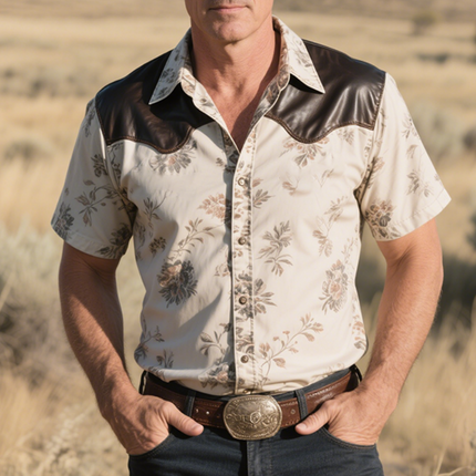 Men's Retro Western Cowboy Shirt | Classic Leather Splicing | Print Lapel | Short Sleeve | Casual Style | Vintage-Inspired | Breathable & Durable | Ideal for Western Events | Available in S to 3XL Sizes