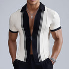 Men's Slim Fit Knitted Shirt | Black White Color Block Lapel | Zipper Closure | Soft Cotton Spandex Blend | Modern Business Casual Style | Breathable Fabric | M-3XL Sizes | Eye-Catching Elegant Design