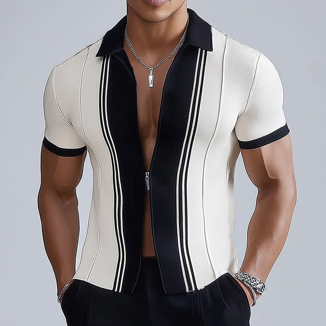 Men's Slim Fit Knitted Shirt | Black White Color Block Lapel | Zipper Closure | Soft Cotton Spandex Blend | Modern Business Casual Style | Breathable Fabric | M-3XL Sizes | Eye-Catching Elegant Design