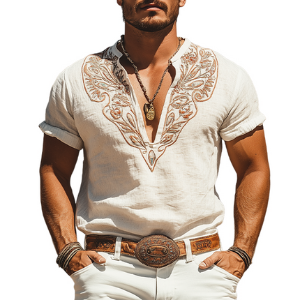 Men's Casual Cotton Linen Shirt | Embroidered Retro Western Henley Collar | Summer Fashion | Breathable Short Sleeve Top