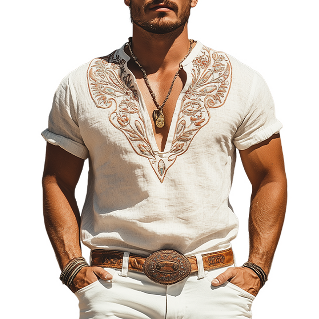 Men's Casual Cotton Linen Shirt | Embroidered Retro Western Henley Collar | Summer Fashion | Breathable Short Sleeve Top