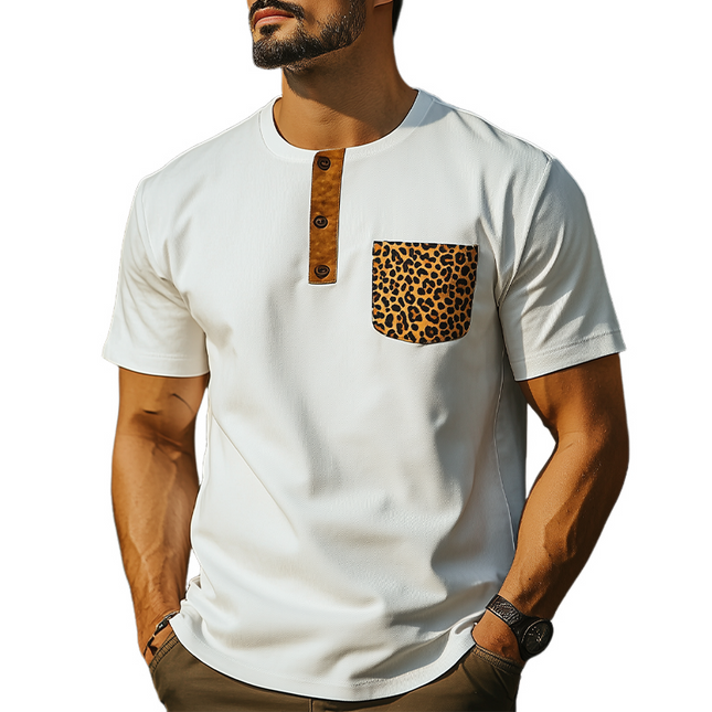 Men's Retro Western Cowboy T-Shirt | Spring Summer Fashion | Slim Fit Henley Collar | Leopard Print Cotton Blend | Short Sleeve | Chest Pocket