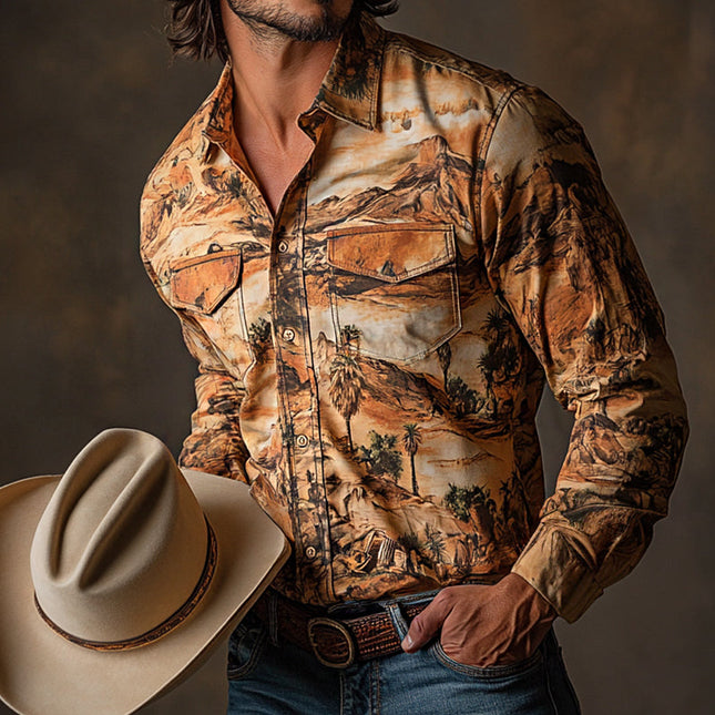 Men's Western Style Shirt | Retro Cowboy Print | Long Sleeve Lapel | Casual Dress | Cotton Blend | Versatile Fit | Sizes S-3XL | Vintage Western Charm