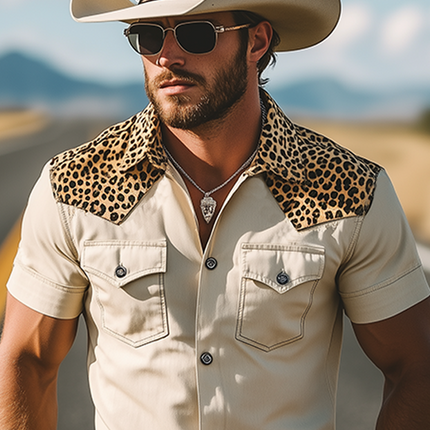Men's Short Sleeve Shirt | Retro Western Style | Slim Fit | Leopard Print | Cotton Blend | Spring Summer Fashion | Vintage Cowboy Inspired | Breathable Casual Tops | Urban Edge Style