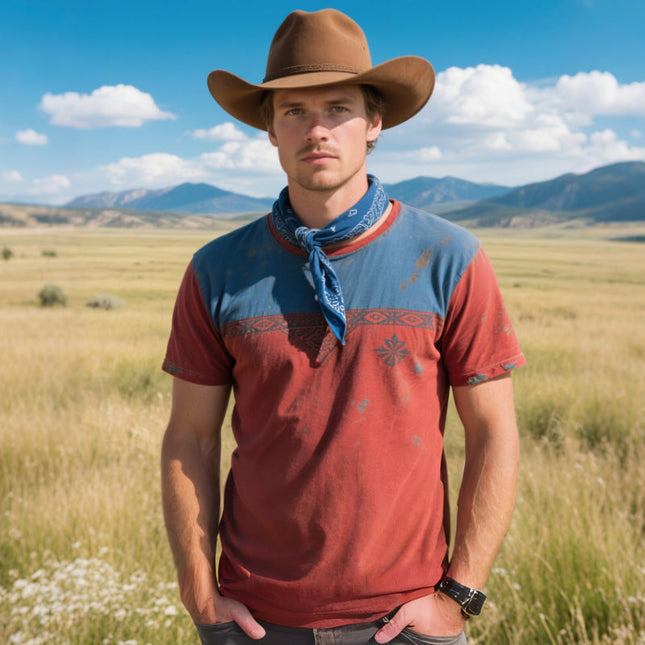 Men's Retro Western Cowboy T-Shirt | Colorblock Print | Round Neck Short Sleeve | Breathable Cotton | Casual Style | Sizes S-3XL | Ideal for Spring Summer Fall