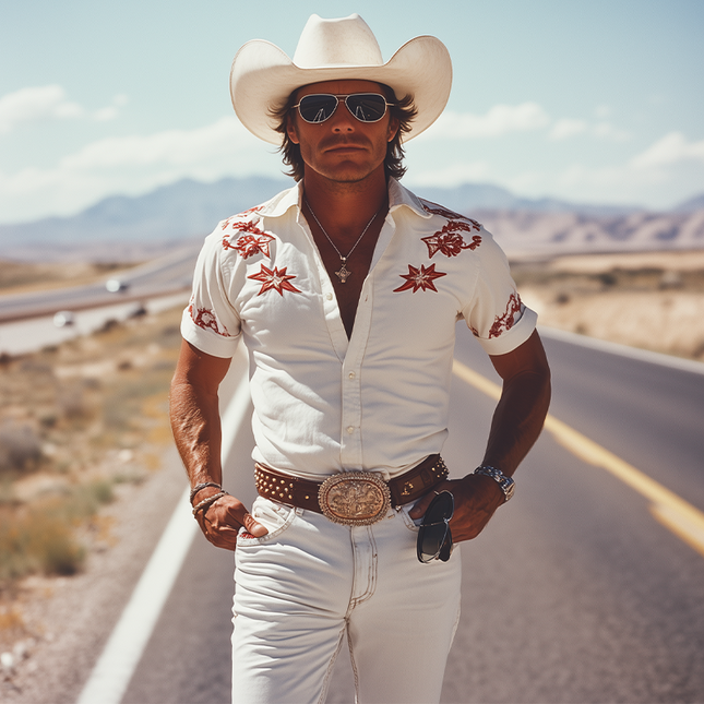 Men's Retro Western Cowboy Shirt | Cotton Blend | Embroidered Details | Slim Fit | Short Sleeve | Spring Summer Fashion | Classic Style | Comfortable Breathable Fabric | Vintage Modern Fusion