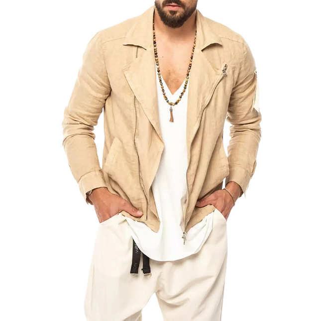 Men's Vintage Apricot Jacket | Cotton Linen Blend | Notched Lapel | Long Sleeve | Modern Fit | Casual to Semi-Formal | Lightweight Durable Fabric | Zipper Closure | Functional Pockets | Timeless Style