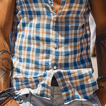 Men's Sleeveless Lapel Tank Top | Plaid Print | Casual Loose Fit | Breathable Polyester Fabric | Spring Summer Vest | Muscle Showcasing | Multi-Size Options | Unique Design | Classic Men's Style