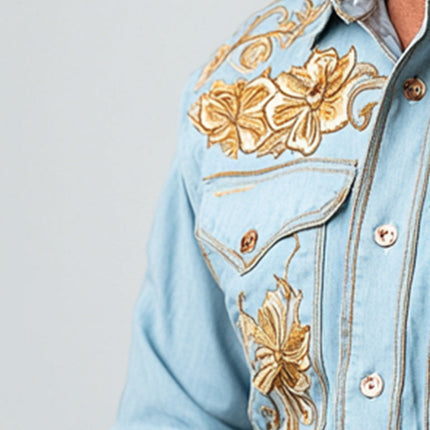 Men's Western Cowboy Style Denim Shirt | Thin Embroidered Long Sleeve | Lightweight Summer Apparel