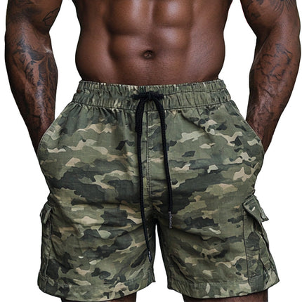 Men's Dark Camouflage Sports Shorts | Summer Casual Athletic Wear | Breathable Fabric | Elastic Waistband with Drawstring | Side Pockets | Fashionable Gym Shorts for Active Wear