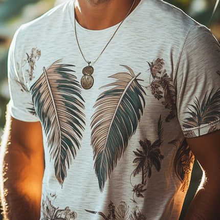 Men's Tropical Leaves Print T-Shirt | Short Sleeve | Casual Beachwear | Soft Breathable Cotton Blend | Crew Neck | Lightweight | Summer Essential