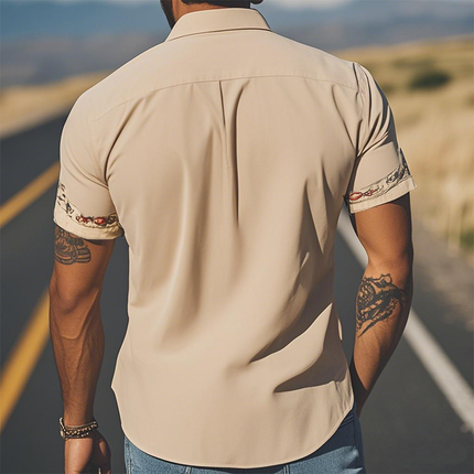 Men's Suede Short Sleeve Shirt | Retro Western Style | Embroidered | Spring & Summer Fashion | Premium Soft Suede | Contemporary Design | Hand-Stitched Details | Breathable & Comfortable | Versatile Wardrobe Essential