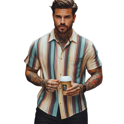 Men's Retro Colorblock Striped Shirt | Short Sleeve | Bold Vintage Style | Soft Cotton Blend | Lapel Neck | Casual Fit | Warm Weather | Eye-Catching Design | Machine Washable