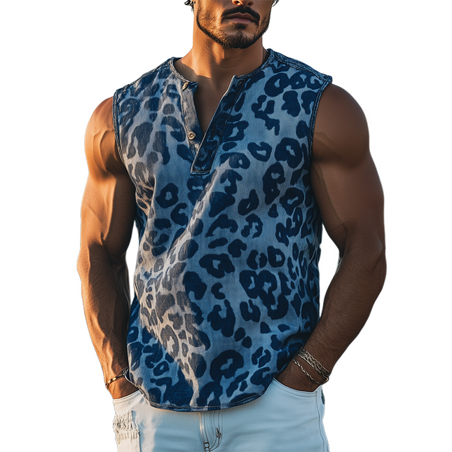 Men's Leopard Jacquard Denim Tank Top | Retro Western Style | Henley Collar | Sleeveless | Slim Fit | Durable Fabric | Vintage Cowboy Influence | Casual Summer Top
