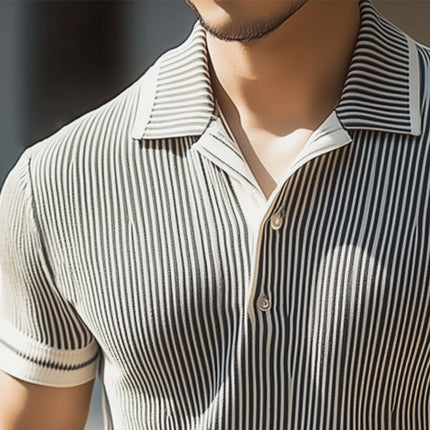 Men's Knitted Polo Shirt | Vertical Striped | Business Casual | Lightweight & Breathable | Summer Short Sleeve | Soft Comfort Fit | Classic Collar | Sizes S to 3XL | Stylish Office Attire