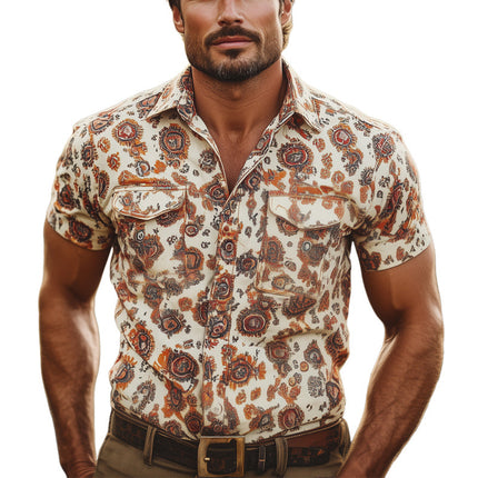 Men's Retro Print Short Sleeve Shirt | Vintage Style | Summer Casual Wear | Breathable Cotton Blend | Lapel Collar | Comfortable & Stylish | Ideal for Beach & Weekend Outings | Sizes S-3XL
