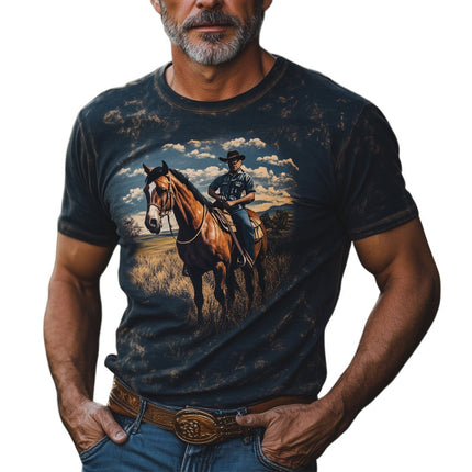 Men's Western Cowboy Style T-Shirt | Printed Crew Neck | Short Sleeve | Cotton Spandex Blend | Comfortable Fit | Wild West Aesthetic | Versatile Casual Wear | Size S to 3XL