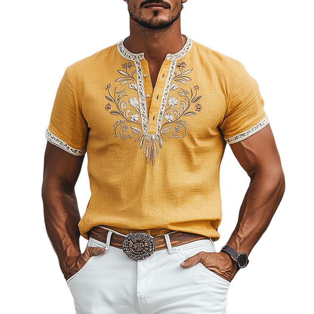 Men's Summer Cotton Linen T-Shirt | Retro Western Style | Embroidered Henley Collar | Casual Fashion | Breathable Fabric | Comfortable Fit | Ideal for Summer Warm Days