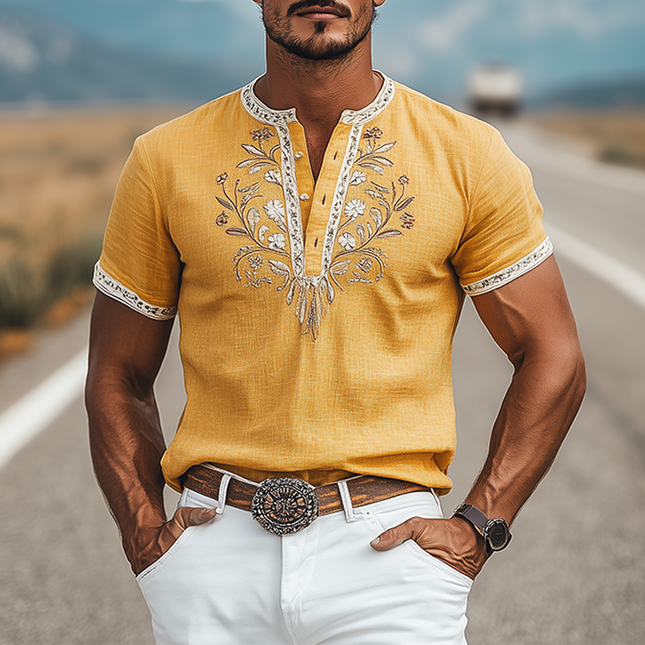 Men's Summer Cotton Linen T-Shirt | Retro Western Style | Embroidered Henley Collar | Casual Fashion | Breathable Fabric | Comfortable Fit | Ideal for Summer Warm Days