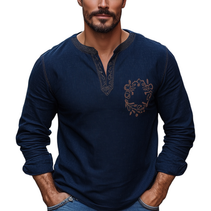 Men's V-Neck Long Sleeve T-Shirt | Navy Blue | Cotton Linen Blend | Vintage Embroidery | Casual Wear | Comfortable & Stylish | Breathable Fabric | Versatile Design