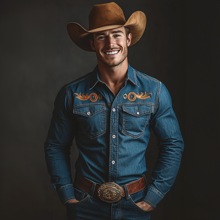 Men's Vintage Western Denim Shirt | Washed Denim | Embroidered Chest Pocket | Classic Lapel Collar | Long Sleeve | Rugged Cowboy Style | Slim Fit | Durable Construction | Men's Fashion Collection