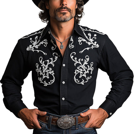 Men's Western Cowboy Style Shirt | Embroidered Long-Sleeve | Summer Blended Fabric | Classic Pointed Collar | Button-Up Front | Rugged Sophisticated Design | Versatile Attire