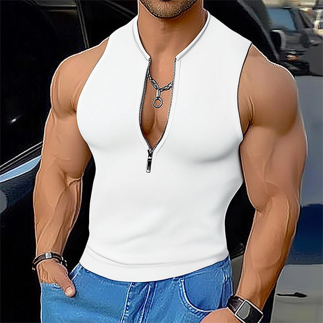 Men's Sleeveless Elastic Zipper Sports Tank Top | Summer Breathable Fitness Shirt | Polyester Spandex Blend Activewear | Body Hugging Fit | Adjustable Ventilation | Sizes S-3XL