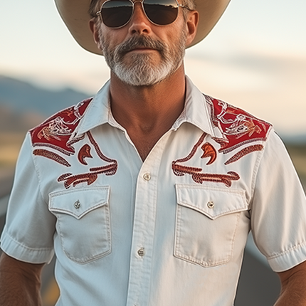 Men's Retro Western Cowboy Shirt | Contrast Cotton Linen Blend | Short Sleeve | Embroidery Detail | Spring Summer Fashion | Breathable Casual Top