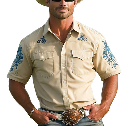 Men's Western Cowboy Shirt | Vintage Embroidered Short Sleeve | Classic Western Style | Cotton Polyester Blend | Traditional Cowboy Collar | Sizes S to 3XL | Ideal for Casual Outings & Country Events