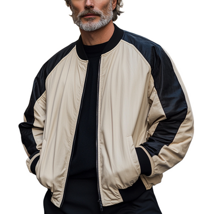 Men's Retro Zipper Baseball Jacket | Black Camel Colorblock | Ribbed Collar Cuffs Hem | Vintage Style Outerwear | Long Sleeves | Regular Fit | Polyester Cotton Blend | Casual Sporty Look