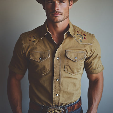 Men's Cowboy Embroidered Denim Shirt | Western Style Short Sleeve | Classic Spread Collar | Exquisite Motifs | Casual Button Down | Rugged American Charm | Versatile Everyday Wear | Size S-3XL