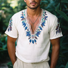 Men's V-Neck T-Shirt | Retro Blue Leaf Embroidery | Short Sleeve | Cotton Blend | Casual Wear | Vintage Aesthetic | Modern Fit | Comfortable Breathable Design
