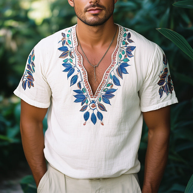 Men's V-Neck T-Shirt | Retro Blue Leaf Embroidery | Short Sleeve | Cotton Blend | Casual Wear | Vintage Aesthetic | Modern Fit | Comfortable Breathable Design