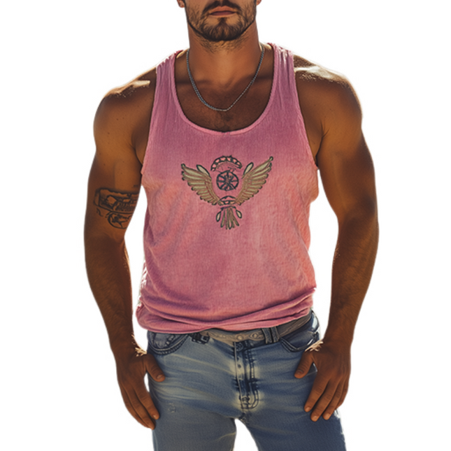 Men's American Retro Striped Tank Top | Knit Fabric | Embroidered Design | Casual Summer Style | Comfortable Fit | Versatile Wardrobe Essential | Easy Care