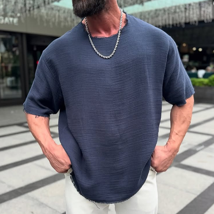 Men's T-Shirt | Solid Cotton Linen | Rough Edge Detail | Round Neck | Short Sleeve | Breathable Lightweight Fabric | Casual Versatile Style | Ideal for Warm Weather | Distressed Fashion Element