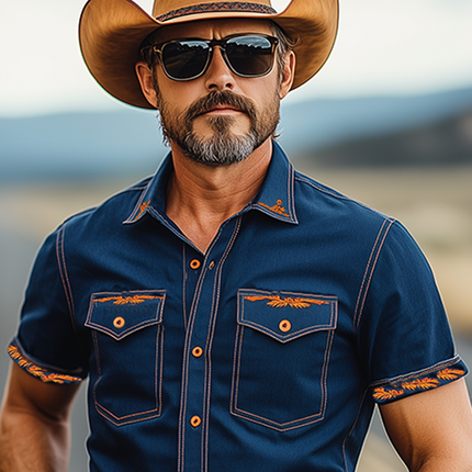 Men's Western Cowboy Shirt | Washed Tencel Denim | Short Sleeve | Slim Fit | Cuff Embroidery | Spring Summer Fashion | Casual Style | Breathable & Lightweight | Tailored Silhouette