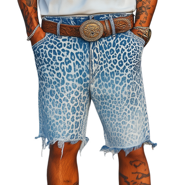 Men's Denim Shorts | Retro Western Cowboy Style | Washed Gradient | Leopard Print | Loose Fit | Raw Edge Finish | Summer Fashion | Casual Comfort | High-Quality Fabric | Trendy Raw Hem | Bold Modern Design