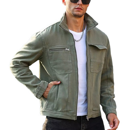 Men's Vintage Green Denim Jacket | Zipper Front | Durable Cotton | Long Sleeve | Retro Point Collar | Functional Pockets | Distressed Finish | Regular Fit | Machine Washable