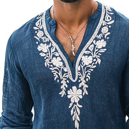 Men's Vintage Henley Shirt | Embroidered Cotton Linen | Long Sleeve Top | Casual Comfort | Breathable Fabric | Versatile Style | Button Details | Multiple Sizes | Ideal for Spring & Autumn | Classic Retro Charm