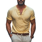Men's Cotton Linen Blend T-Shirt | Henry Collar | Short Sleeve | Solid Colors | Breathable & Soft | Casual Stylish Fit | Summer Wardrobe Essential