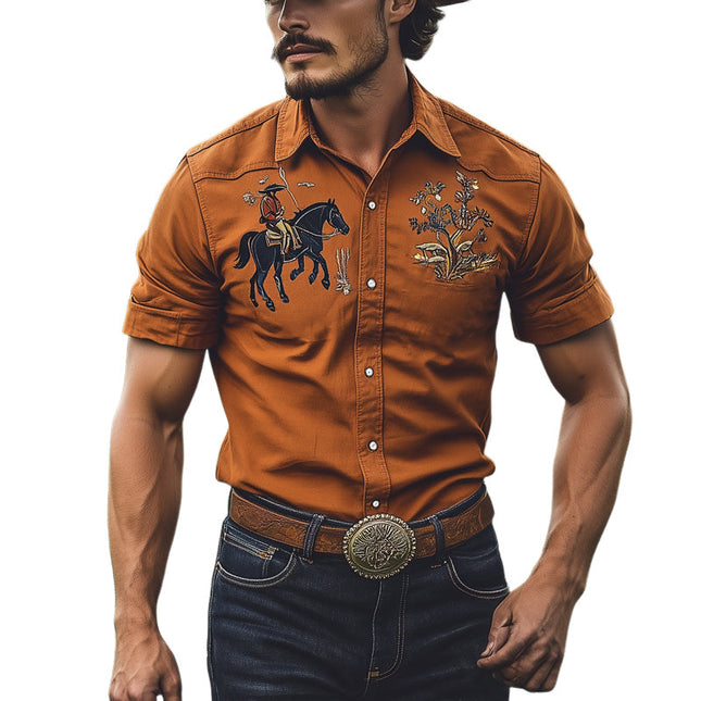 Men's Vintage Western Shirt | Embroidered Short Sleeve | Classic Fit | Premium Fabric | Elegant Detailing | Casual Outdoor Style | Western Aesthetic | Tailored Comfort | Versatile Wardrobe Essential