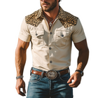 Men's Short Sleeve Shirt | Retro Western Style | Slim Fit | Leopard Print | Cotton Blend | Spring Summer Fashion | Vintage Cowboy Inspired | Breathable Casual Tops | Urban Edge Style
